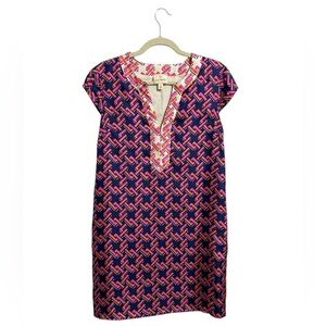 Julie Brown NYC Colorful Geometric Pattern Shift Dress 100% Silk Size 2 Preppy